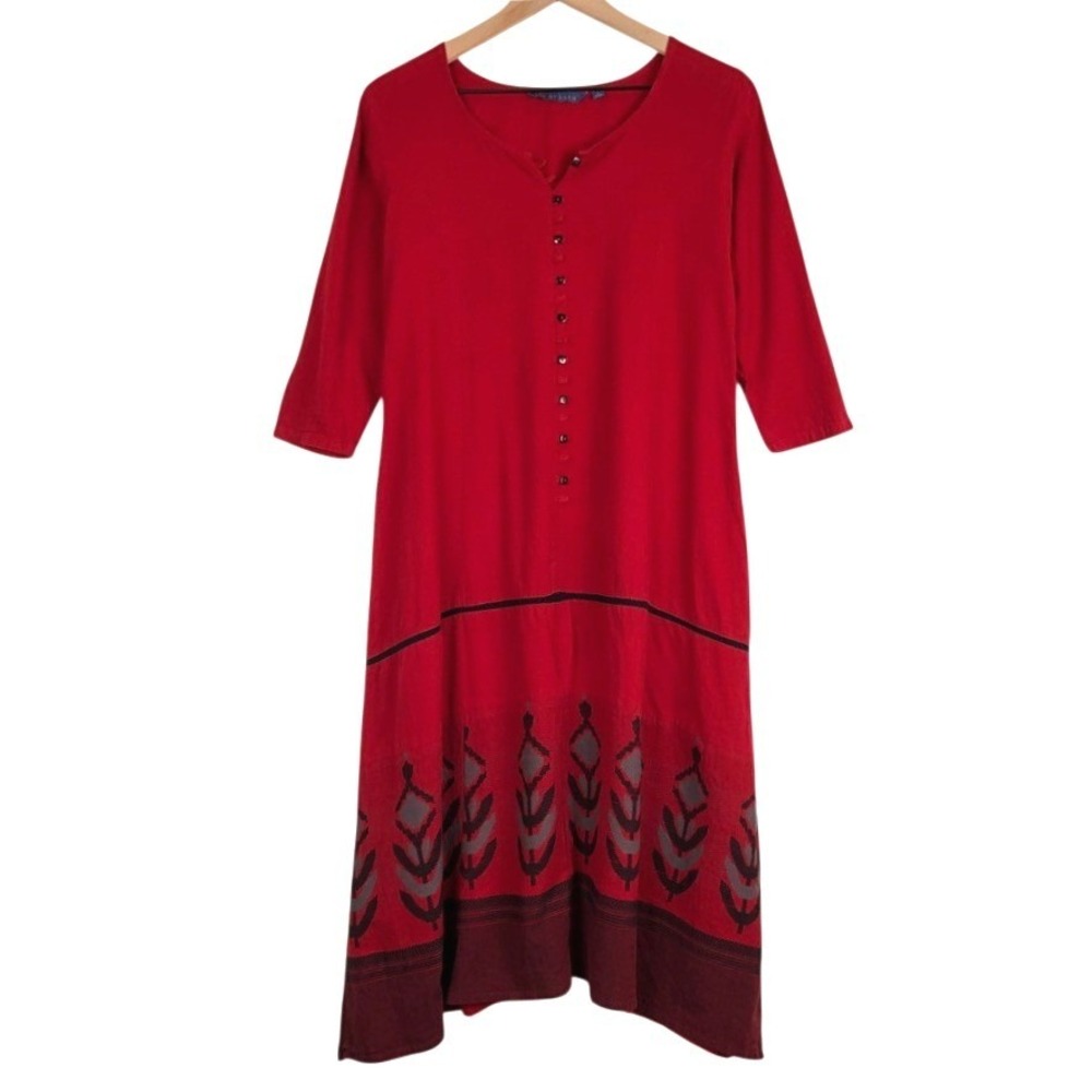 AVAASA 100% Cotton Kurta Midi Dress Sz L Red Black Ethnic Print 3/4 Sleeve